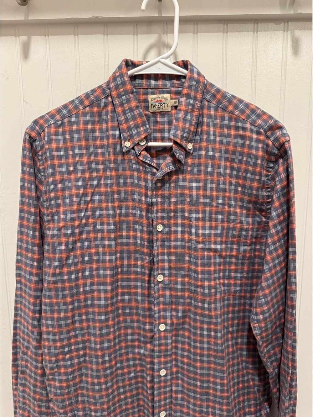Faherty Brand Men's Small Button-Down Plaid Shirt in Orange and Gray